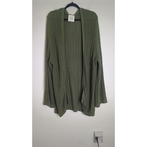 Autumn Green Long Line Slouchy Cardigan Ladder Knit Wide Sleeves Women's L - Picture 6 of 8